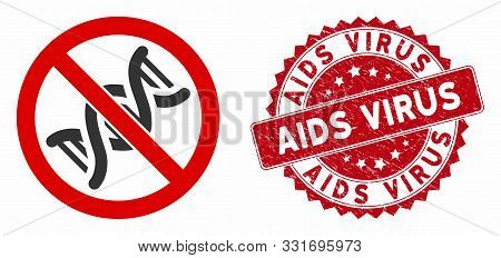 Vector No Dna Helix Icon And Distressed Round Stamp Seal With Aids Virus Phrase. Flat No Dna Helix I