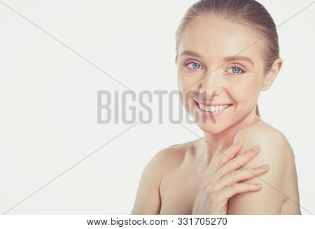 Portrait Of Beautiful Woman With Natural Make Up On White Background