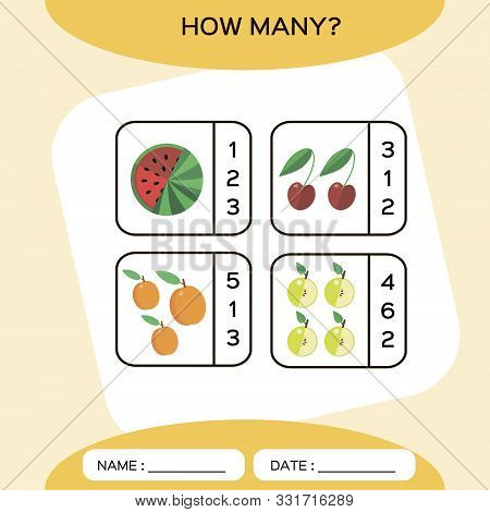 How Many. Count Game. Education Counting Game For Preschool Children. Worksheet Activity. Fruits. Wa