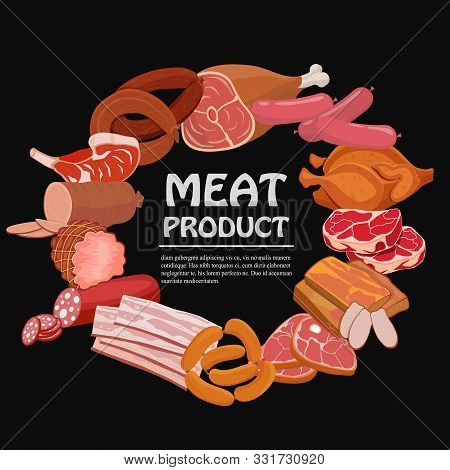 Banner With Meat Products. Roast Chicken And Prime Rib, Sausage, Salami And Ham, Sirlon, Bacon, Sucu