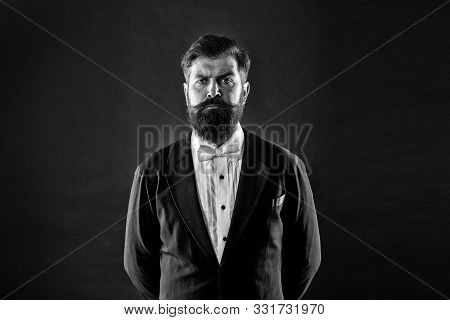 Classic Never Out Of Trend. Menswear Classic Outfit. Bearded Man With Bow Tie. Well Dressed And Scru