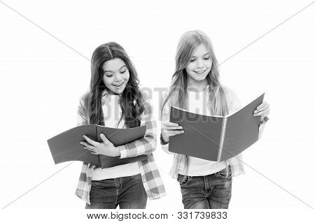 Pads Perfect For Keeping Notes. Adorable Little Girls With Colorful Writing Pads. Cute Small School 