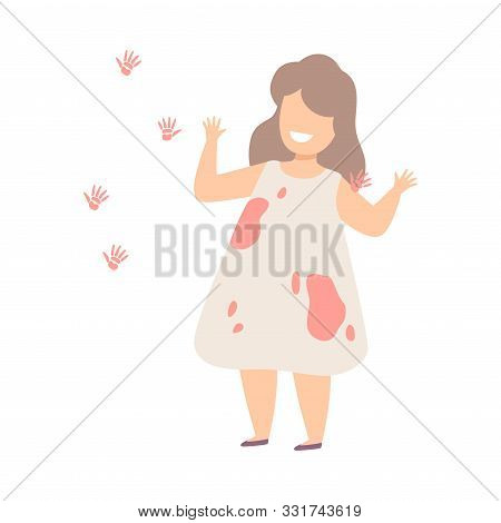 Baby Girl With Fingerprints On The Painted Wall Flat Vector Illustration