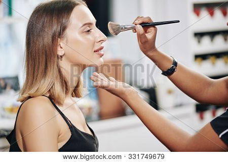 Cropped Image Of Make-up Artist Applying Finishing Powder On Face Of Pretty Young Client For Make-up