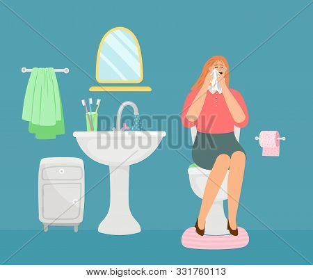 Woman Crying In Toilet Room. Bathroom Interior, Wc Vector Illustration. Stressed Woman Character