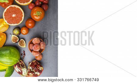 Fresh Red, Orange, Yellow Fruit And Vegetables Rich In Antioxidants, Fiber, Alfa Carotene, Lycopene,