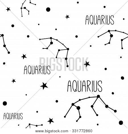 Aquaries. Seamless Pattern With Zodiac Sign, Stars And Constellations. Simle Minimalistic Hand Drawn