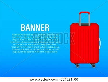 Red Glossy Suitcase With Wheels. Travel Banner Concept. Vector Stock Illustration.