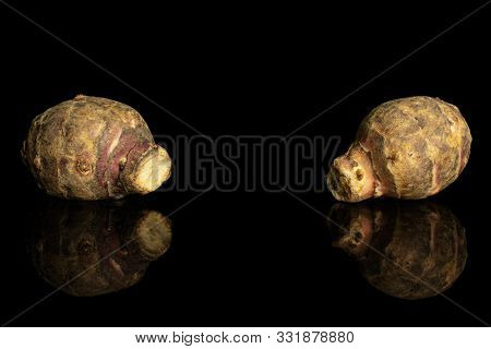 Group Of Two Whole Fresh Brown Jerusalem Artichoke Isolated On Black Glass