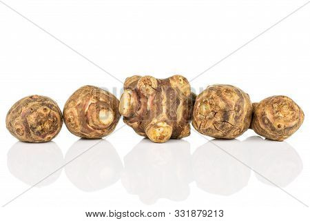 Group Of Five Whole Fresh Brown Jerusalem Artichoke In Line Isolated On White Background