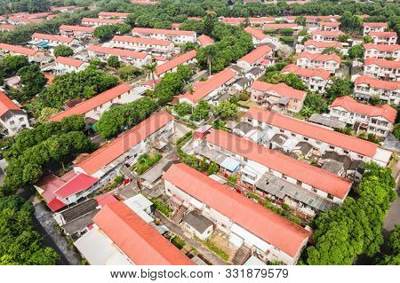 Caotun, Taiwan - October 31th, 2019: aerial view of street scenery with old house and trees at Zhongxing New Village, Nantou, Taiwan