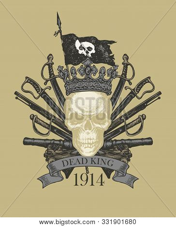 Vector Heraldic Coat Of Arms In Vintage Style With Human Skull In Crown, Black Flag, Sabers, Swords,