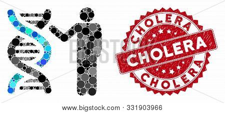 Collage Genetics Report And Grunge Stamp Seal With Cholera Phrase. Mosaic Vector Is Created With Gen
