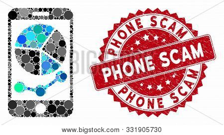 Mosaic Mobile Graphs And Grunge Stamp Seal With Phone Scam Phrase. Mosaic Vector Is Designed With Mo