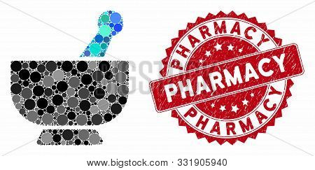 Mosaic Mortar And Distressed Stamp Watermark With Pharmacy Caption. Mosaic Vector Is Formed With Mor