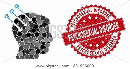 Mosaic Neural Interface Connectors And Rubber Stamp Seal With Psychosexual Disorder Text. Mosaic Vec