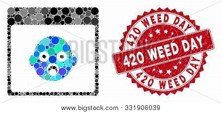 Collage Newborn Head Calendar Page And Grunge Stamp Seal With 420 Weed Day Text. Mosaic Vector Is Co