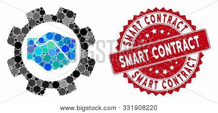 Collage Smart Contract Setup Gear And Corroded Stamp Seal With Smart Contract Caption. Mosaic Vector