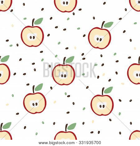 Seamless Pattern Of Halves Of A Red Apple With A Leaf And Seeds On A White Background. Cute Flat Pat