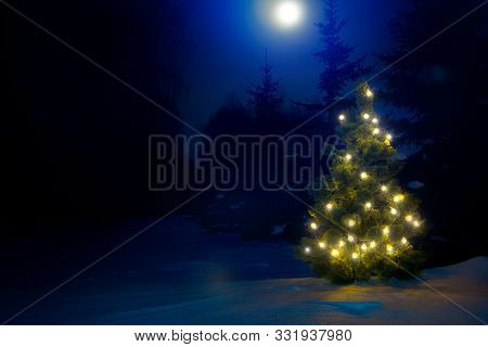 Decorated Christmas Tree Outdoor With Christmas Lights With Moon