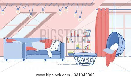 House Attic Room, Guest Room On Home Garret Cozy Interior Flat Vector Background With Comfortable, S