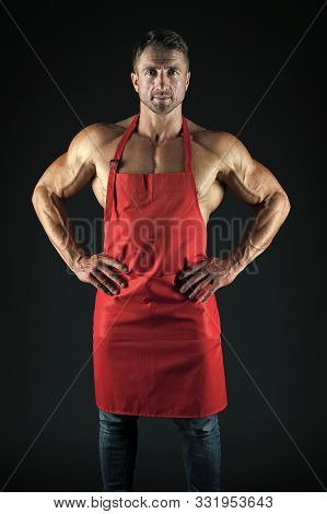 I Will Make It Tasty. Man Attractive Nude Chef Wear Apron. Sexy Muscular Chef Black Background. Attr