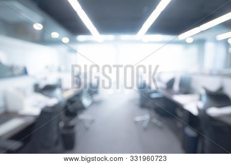 Abstract Blurred Office Hall Interior Room. Blurry Corridor In Working Space With Defocused Effect. 