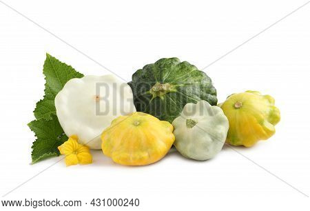 Fresh Ripe Pattypan Squashes With Leaves And Flower On White Background