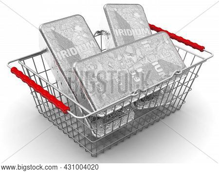 Buying Iridium Ingots. There Are Three Ingots Of 999.9 Fine Iridium In The Grocery Basket. 3d Illust