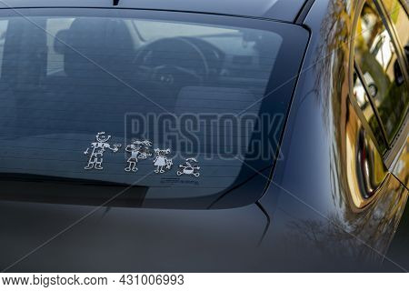 Toronto, Canada, April 2021 - Kids On Board Sign On The Back Window Of A Vehicle As A Security And S