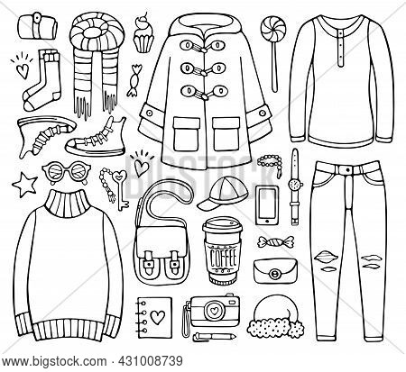 Hand-drawn Set Of Clothes, Elements, And Accessories For Cold Weather, Spring, Autumn, Winter. Doodl