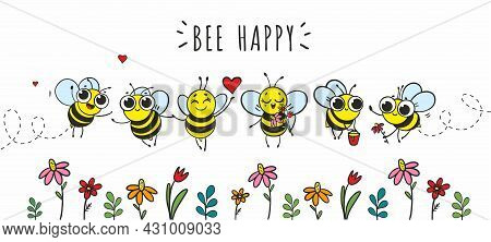 Happy Cartoon Bees Collect Pollen In A Flower Field. Pollination Of Plants By Insects. Eco Friendly 