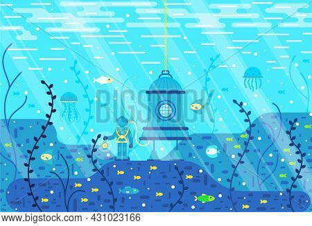 Diver With Diving Bell At The Bottom Of The Sea - Vector Cartoon Illustration N Flat Stile