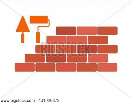 Brickwork With A Trowel And A Roller. Flat Icon, Stock Vector Illustration.