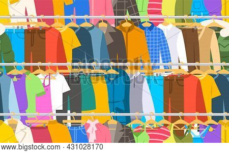 Men And Women Clothes On Long Hanger Racks Seamless Pattern. Many Different Garments Hanging On Stor