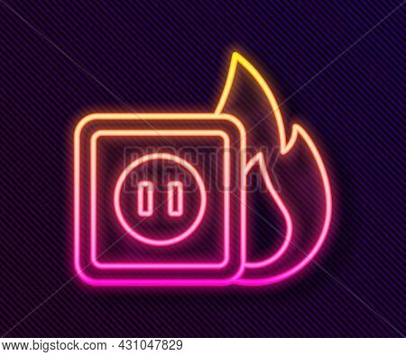 Glowing Neon Line Electric Wiring Of Socket In Fire Icon Isolated On Black Background. Electrical Sa