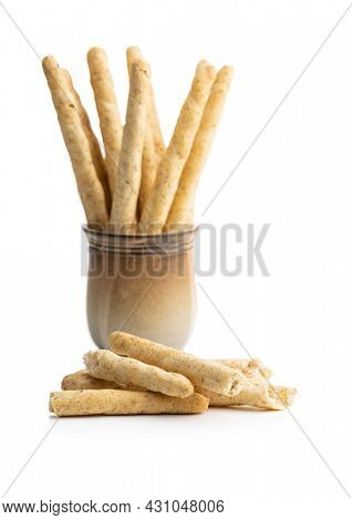 Grissini sticks. Traditional italian bread sticks isolated on white background.