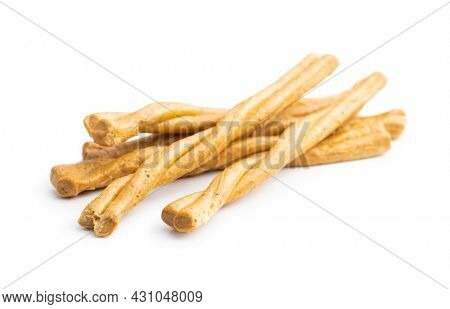 Grissini sticks. Traditional italian bread sticks isolated on white background.