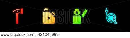Set Firefighter Axe, Canister Fuel, Lighter And Hose Reel Icon. Vector