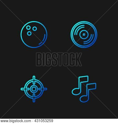 Set Line Music Note, Tone, Target Sport, Bowling Ball And Vinyl Disk. Gradient Color Icons. Vector