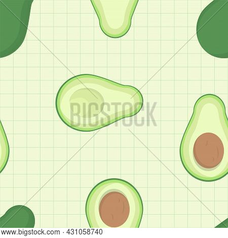 Cute Fresh Green With Cut Half Avocado Seamless Vector Pattern With Grid Lines Design