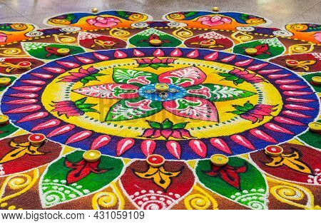 Beautiful Colorful Indian Traditional Rangoli Decoration For Diwali Or Deepavali Celebration