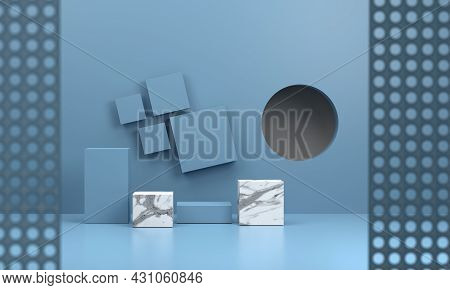 3d. Mockup Blue Studio Room With A Blue Square Pedestal And A Marble Plinth Suitable For Presenting 