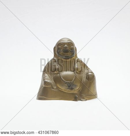 Golden Lucky Laughing Buddha Statue Isolated In A White Background