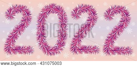 2022 Sign Handwritten Lettering, Bright Pink Tinsel And Blurred Sparcly Bokeh Background, Simple Fla
