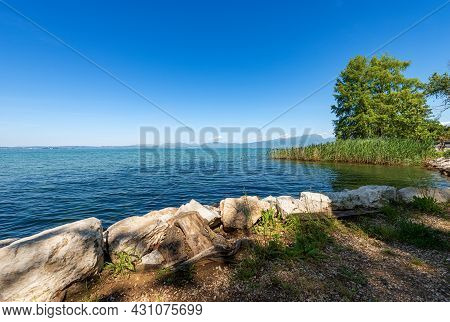 Beautiful Coastline Of The Lake Garda (lago Di Garda) With Green Reeds And Trees Near The Small Vill