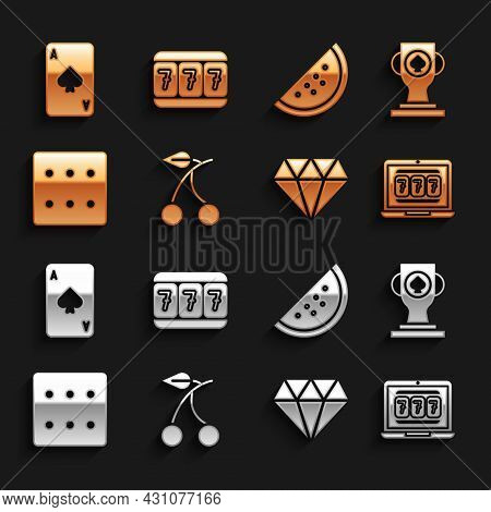 Set Casino Slot Machine With Cherry, Poker Trophy Cup, Laptop And, Diamond, Game Dice, Watermelon, P