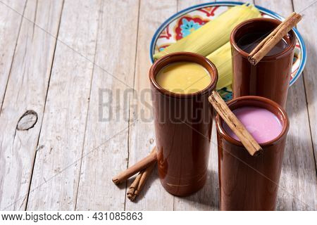 Traditional Mexican Atole Drink On Rustic Wooden Table. Copy Space