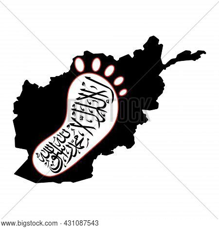 Afghanistan Map And Footprint With Taliban Flag. Afghanistan Map Isolated On White Background. Talib
