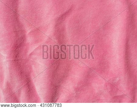 Pink Color Velvet Fabric Texture Top View. Female Blog Rose Velour Background. Smooth Soft Fluffy Ve